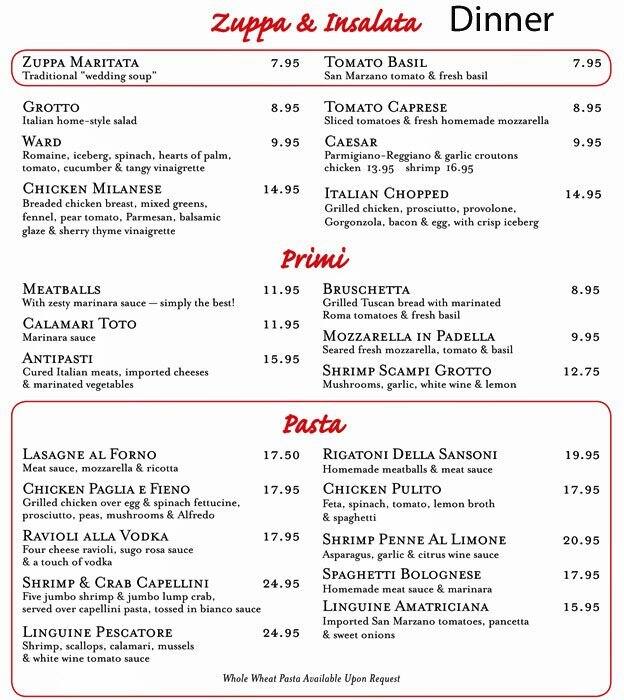 Grotto Ristorante Menu, Menu for Grotto Ristorante, The Woodlands