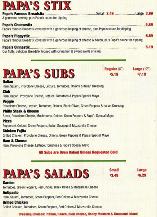 Menu at Papa's Pizza To Go pizzeria, Dallas