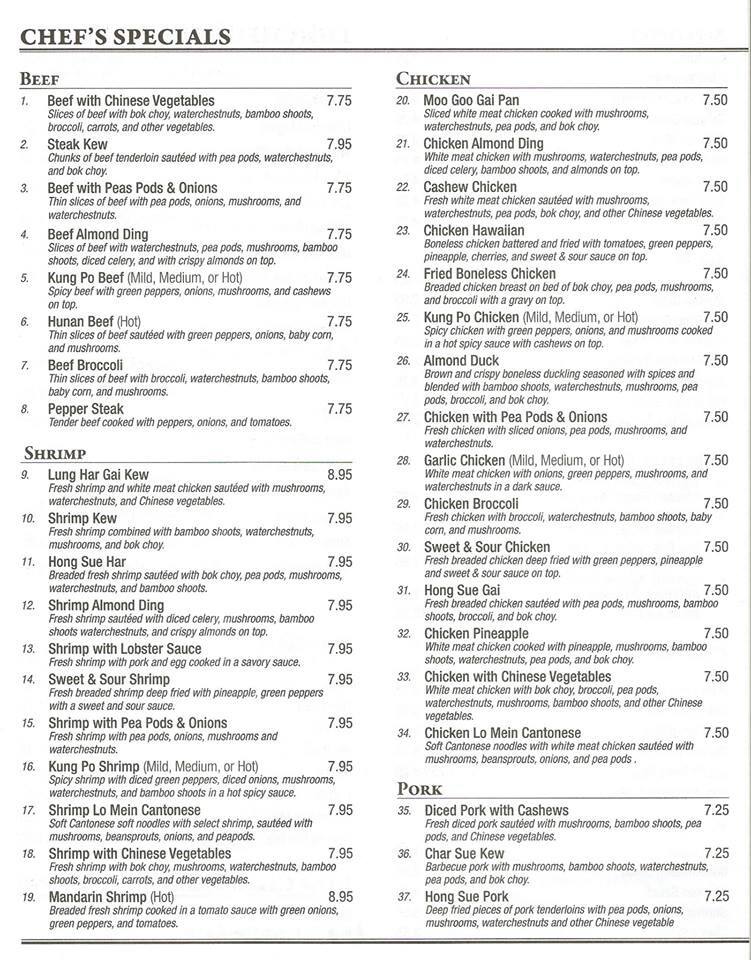 Menu at Hong Kong Restaurant, Mooresville, 340 S Indiana St