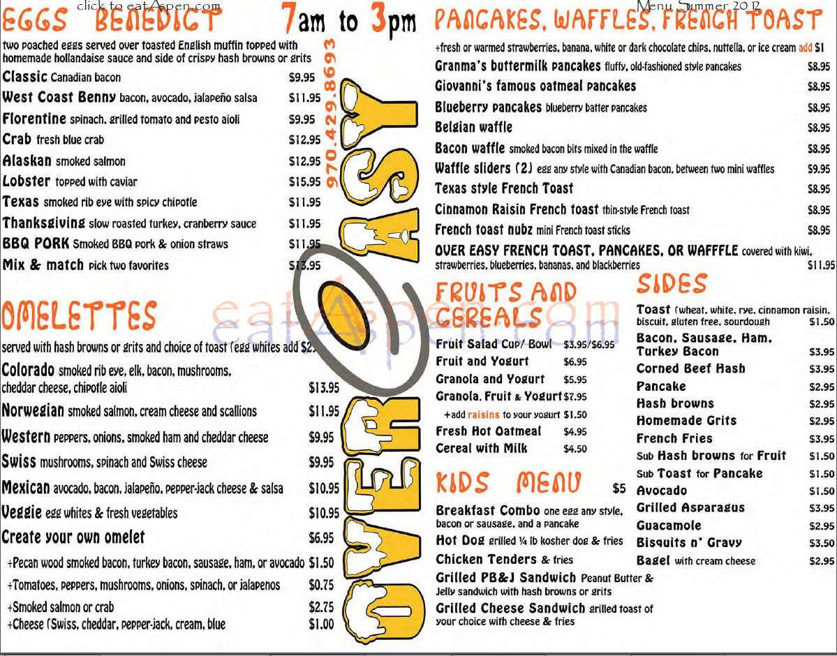 Aspen Over Easy menu, Menu restauracji Aspen Over Easy, Aspen, Aspen