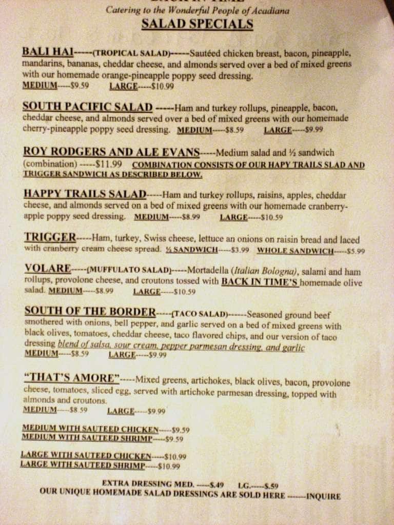 Menu at Back in Time restaurant, Opelousas