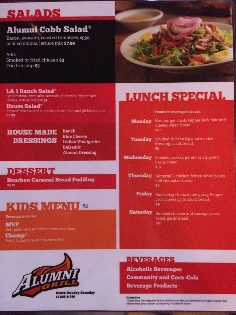Menu at Alumni Grill restaurant, Thibodaux