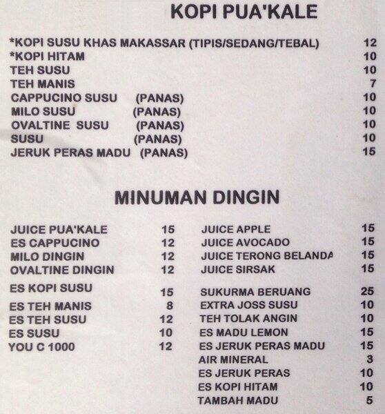 Warkop Pua'kale Menu, Menu for Warkop Pua'kale, Pasar 