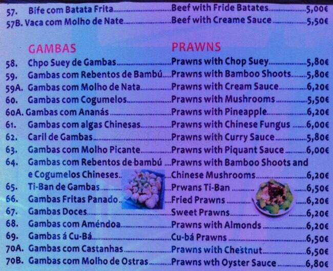 Menu em Tong Hai restaurante, Sacavém