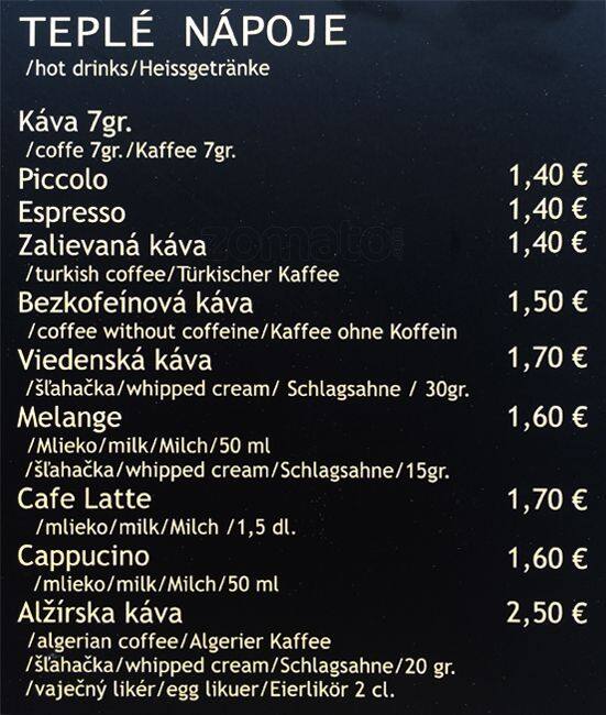 Menu at Cafe Propeller, Bratislava