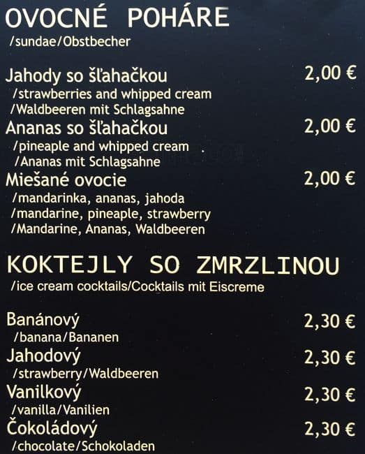 Menu at Cafe Propeller, Bratislava