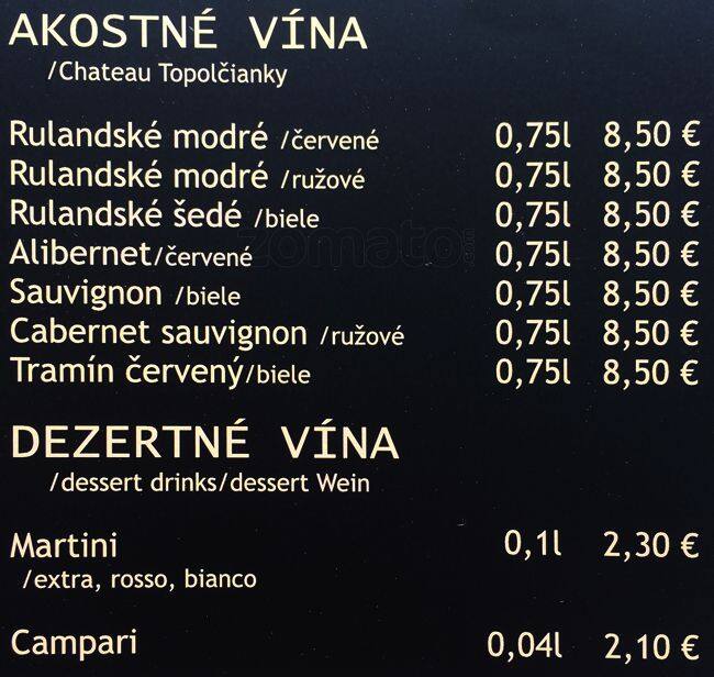 Menu at Cafe Propeller, Bratislava