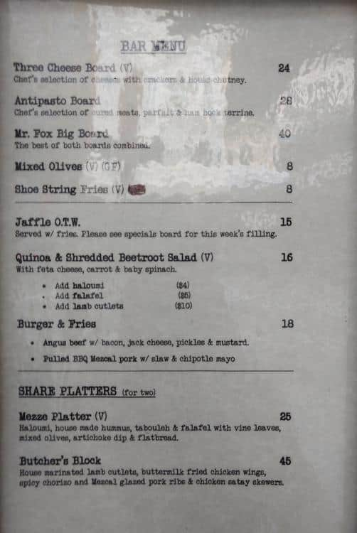 Mr Fox Menu, Menu for Mr Fox, Surry Hills, Sydney