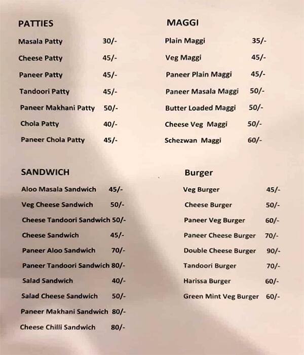 Annapurna Bakers menu