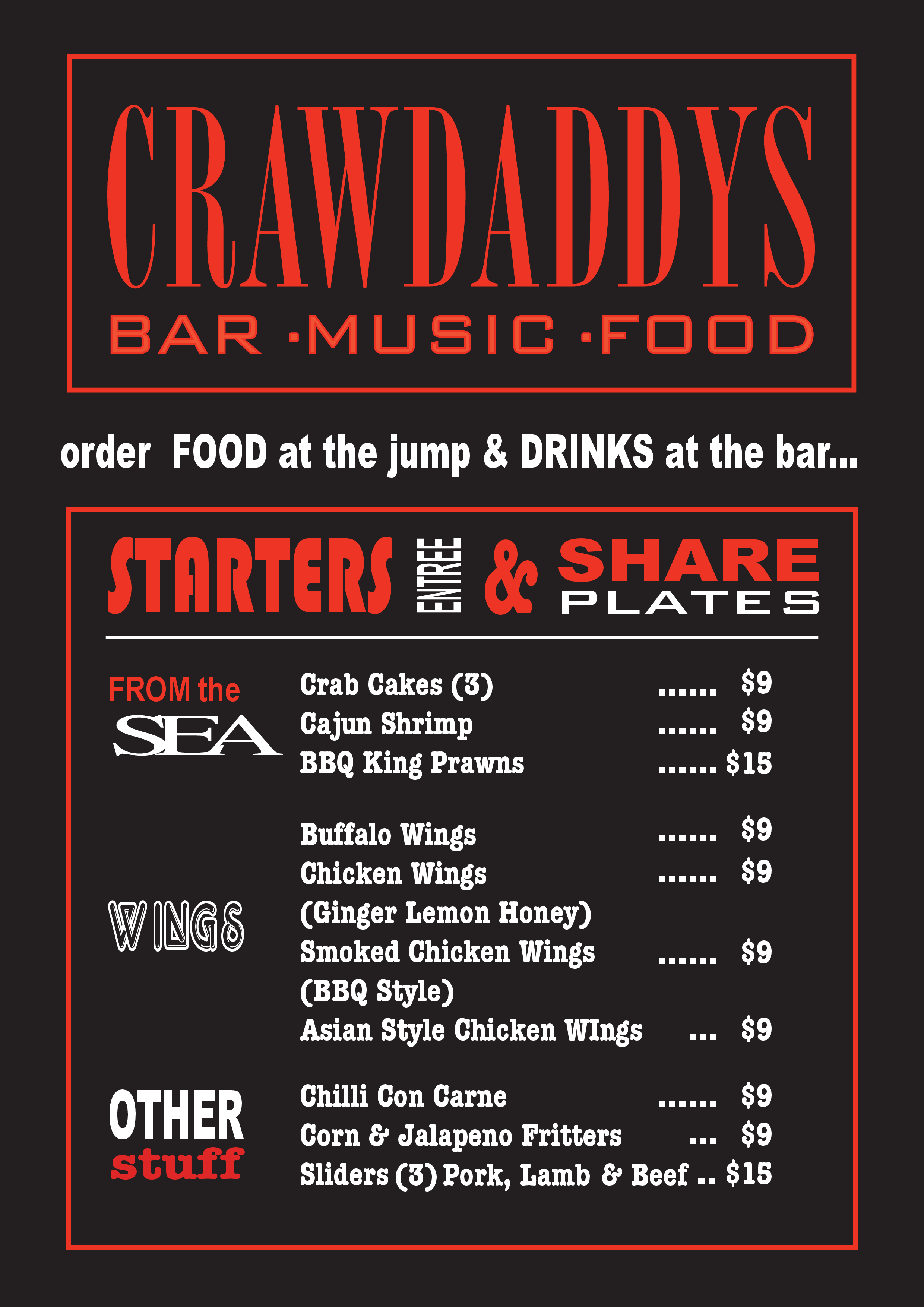 Crawdaddys Menu, Menu for Crawdaddys, Noosa Heads, Noosa Heads