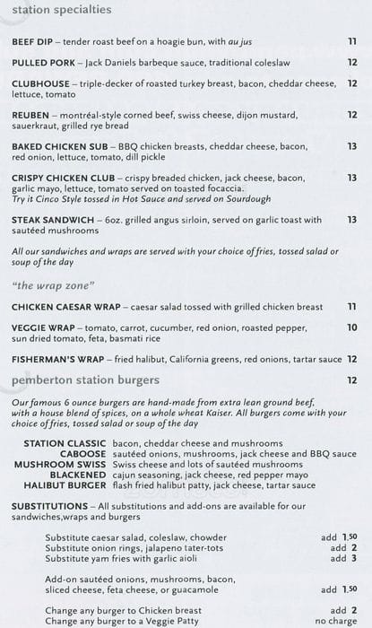 Menu at Pemberton Station Pub, North Vancouver