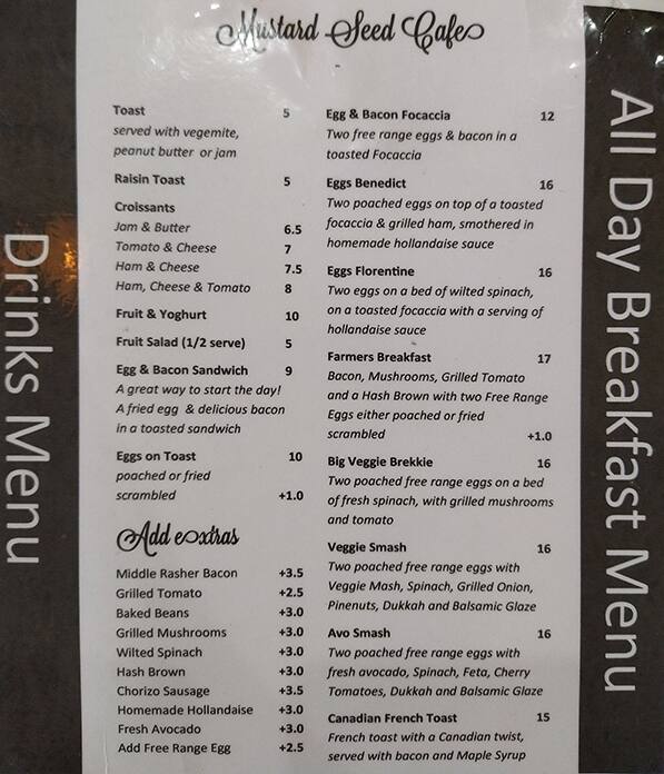 Menu At The Mustard Seed Cafe Carrum Downs