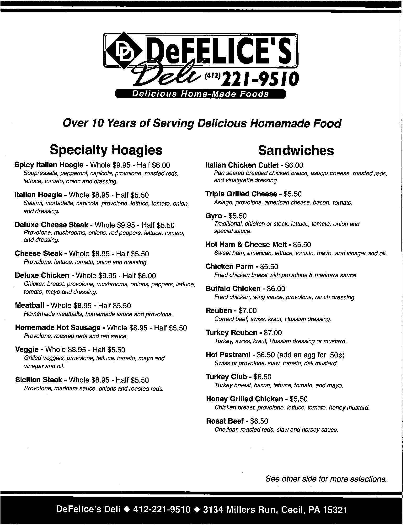 Defelice's Deli Menu, Menu for Defelice's Deli, Cecil, Pittsburgh
