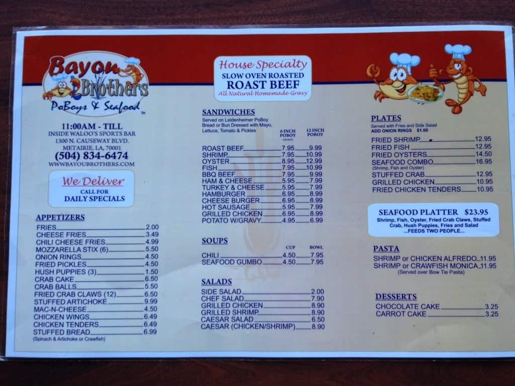 Menu at Bayou Brothers Causeway cafe, Metairie, N Causeway Blvd