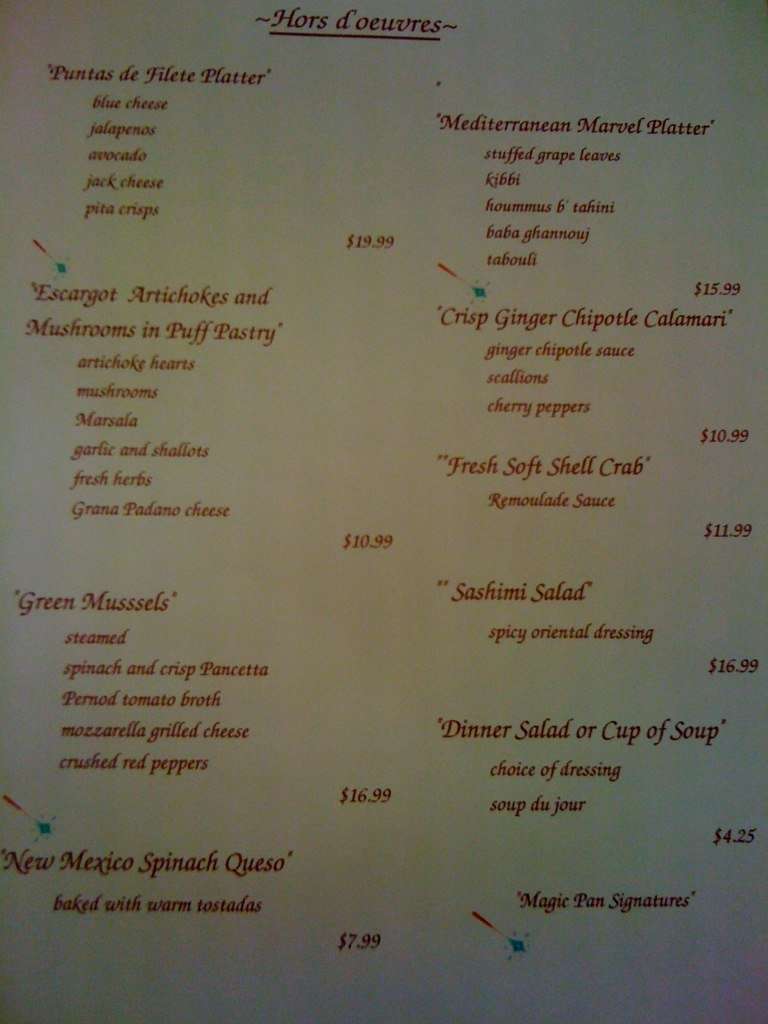 The Magic Pan Menu, Menu for The Magic Pan, Upper Valley, El Paso