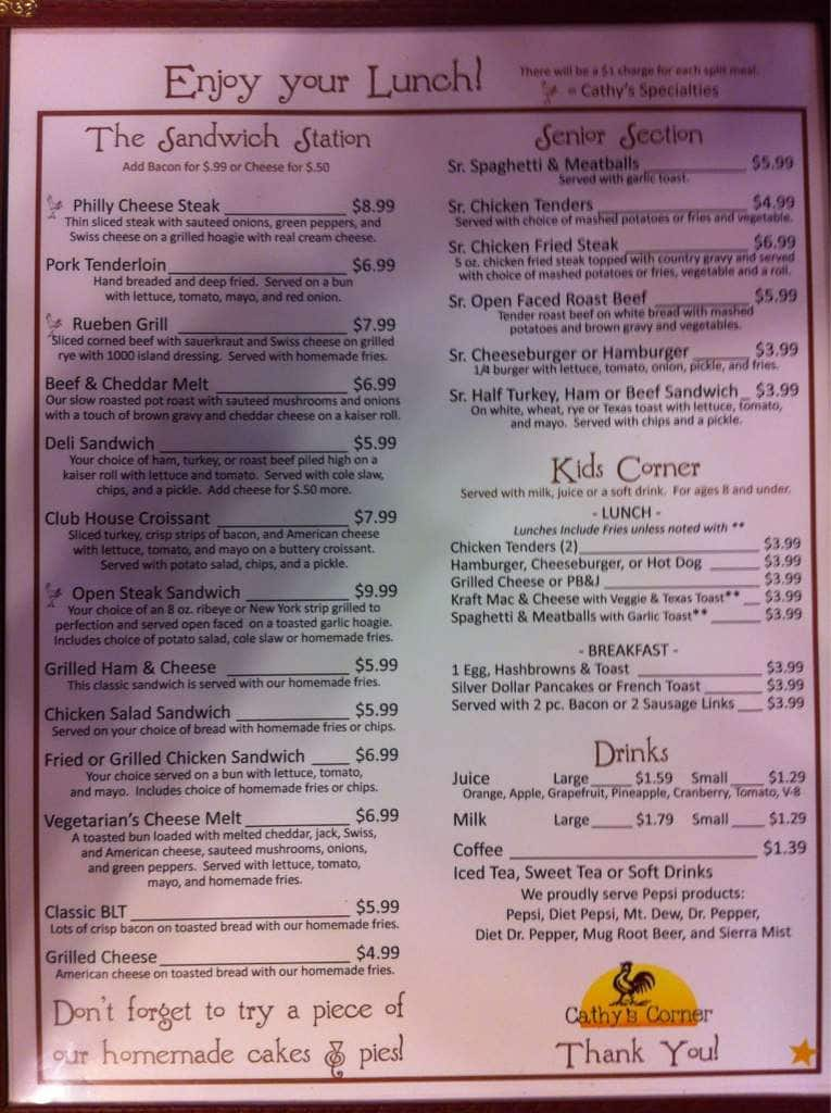 Menu at Cathy's Corner restaurant, Siloam Springs