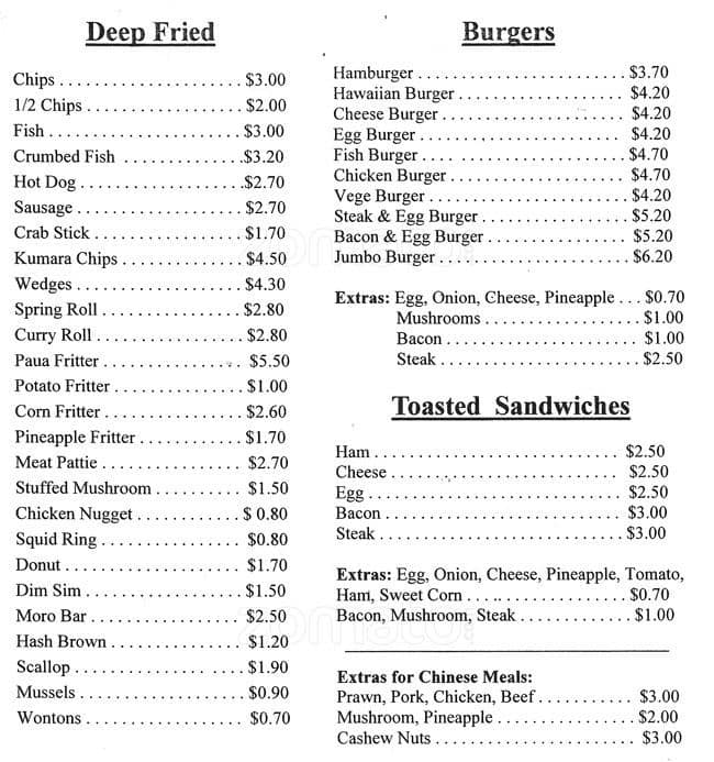 Menu at Sunlong Takeaways restaurant, Paraparaumu