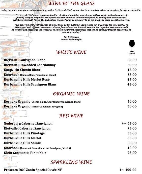 Menu at Caraffa restaurant, Pretoria