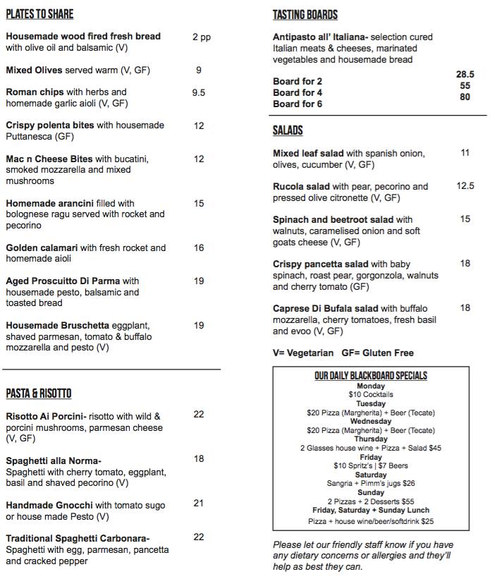 Dough Pizza menu, Menu restauracji Dough Pizza, Perth CBD, Perth