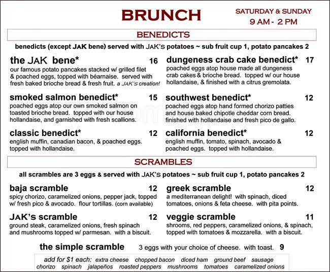 Jak's Grill Menu, Menu for Jak's Grill, West Seattle, Seattle