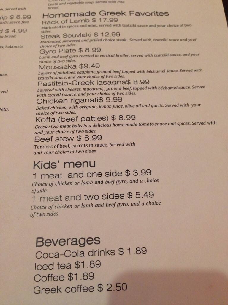 Menu at Acropolis cafe, Harker Heights