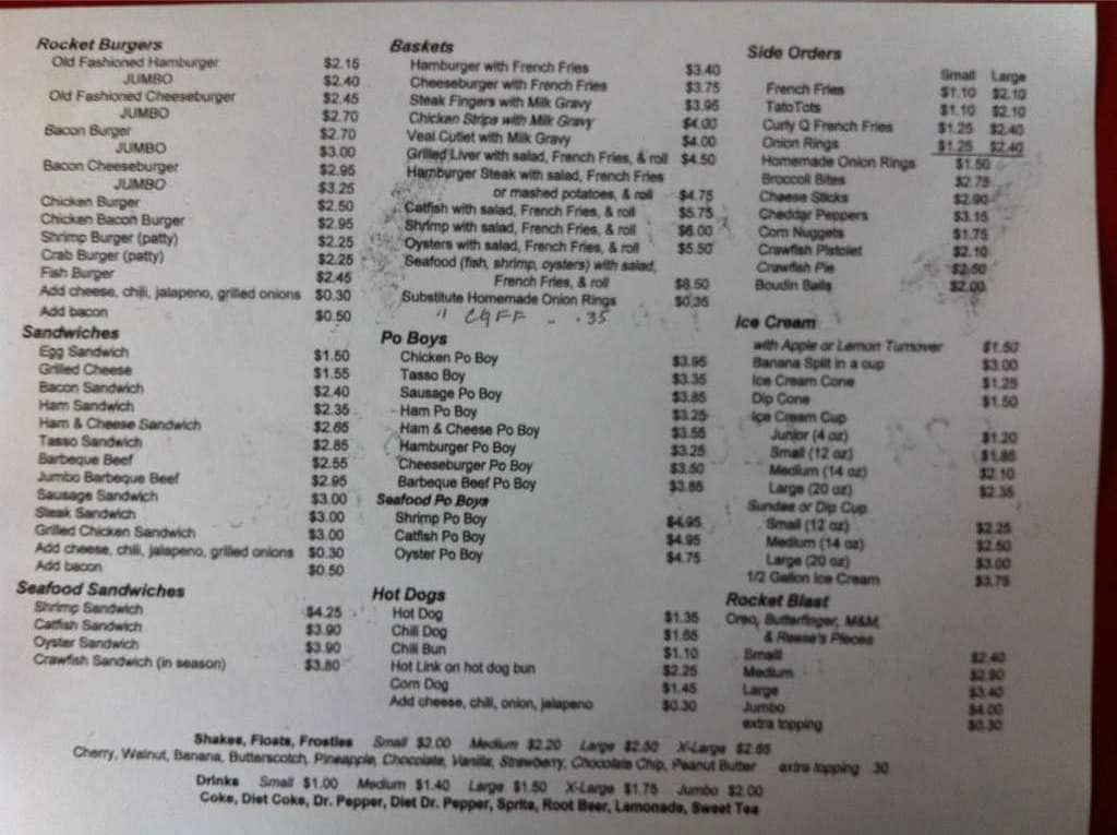 Rocket Drive Inn Menu, Menu for Rocket Drive Inn, Jennings, Jennings