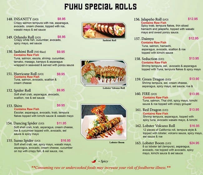 Menu at Thai fuku restaurant, Cocoa Beach