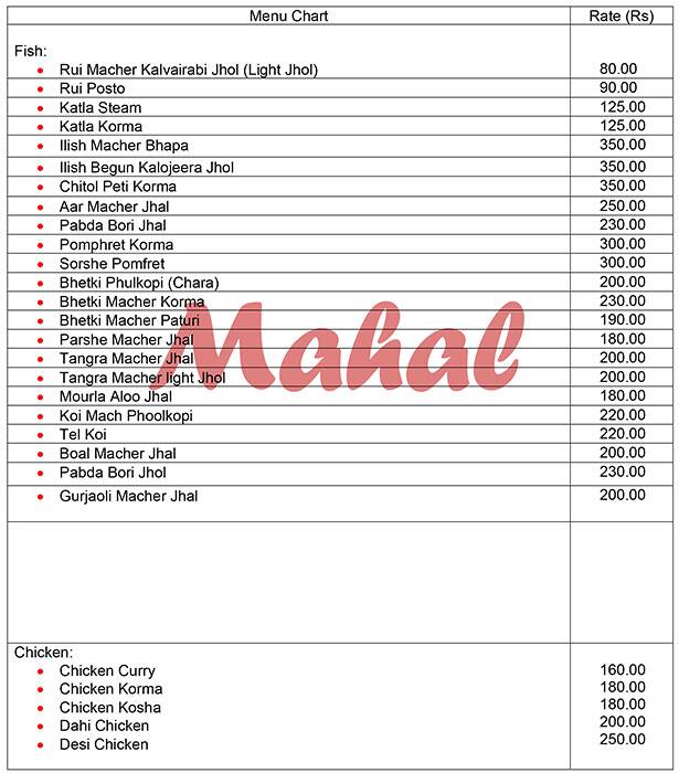 Mahal Restaurant menu
