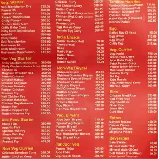 Menu of Meghana Foods, Residency Road, Bangalore