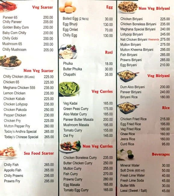 Meghana Foods Grand Menu, Menu for Meghana Foods Grand, Marathahalli