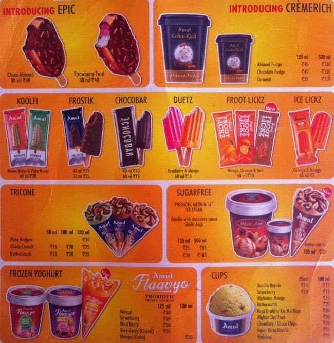 Amul Ice-cream menu