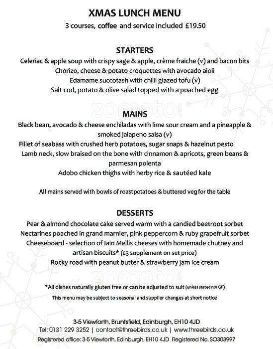 Three Birds Menu, Menu for Three Birds, Bruntsfield, Edinburgh Zomato UK