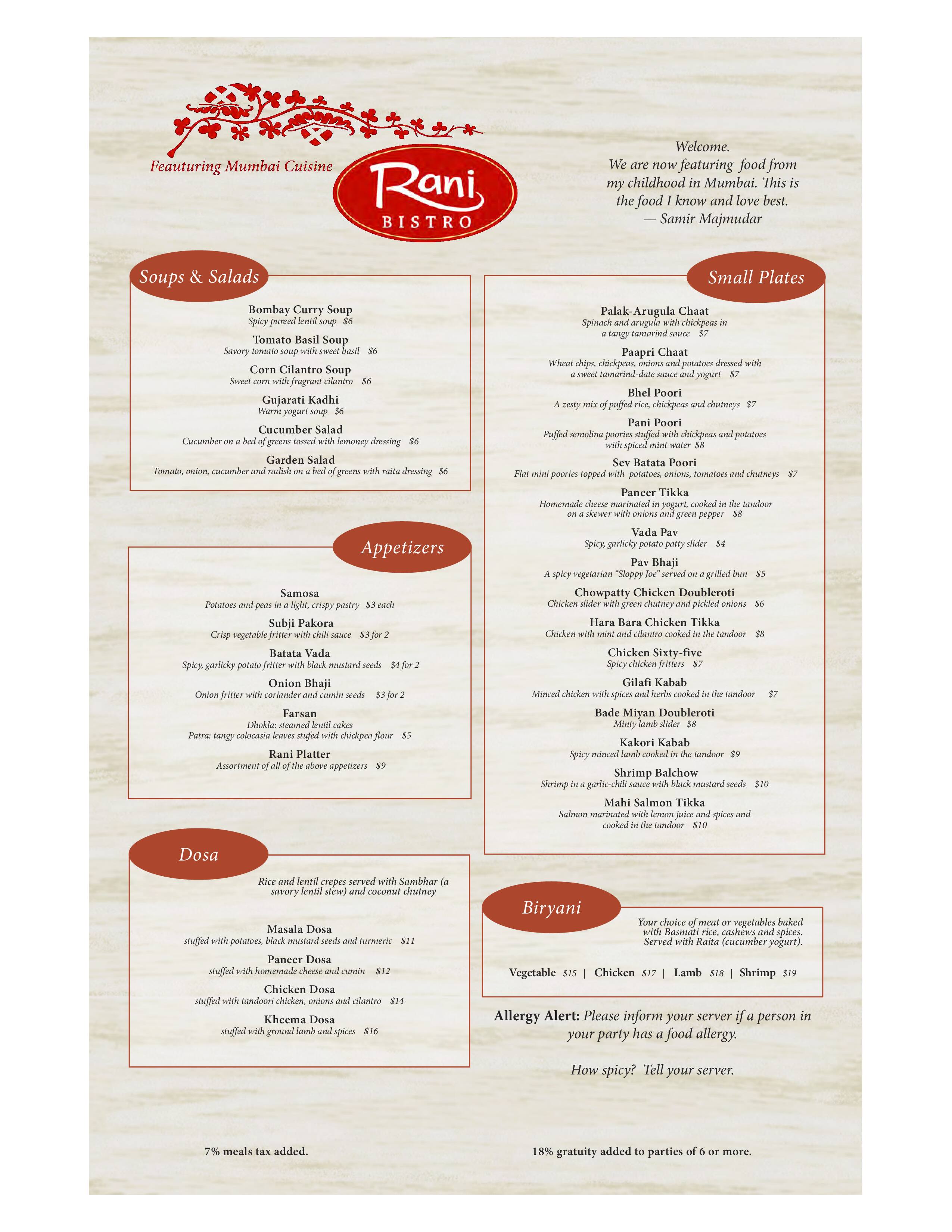 Rani Menu, Menu for Rani, Brookline, Boston Urbanspoon/Zomato