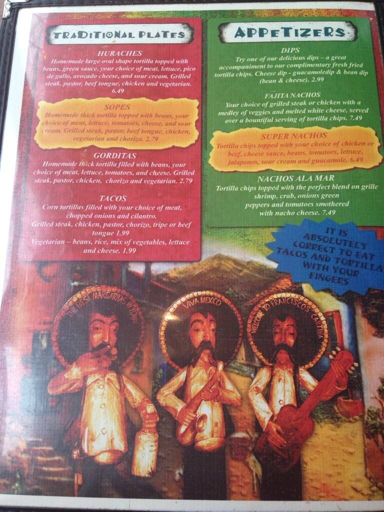Francisco's Cantina Menu, Menu podniku Francisco's Cantina, Downtown