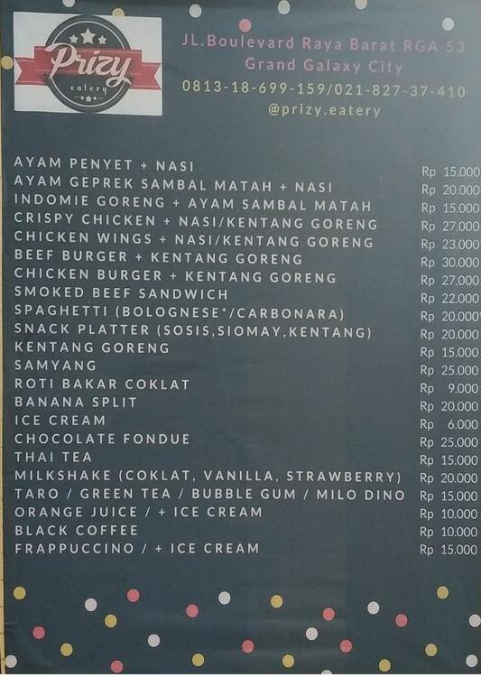 Prizy Eatery Menu Menu For Prizy Eatery Bekasi Selatan