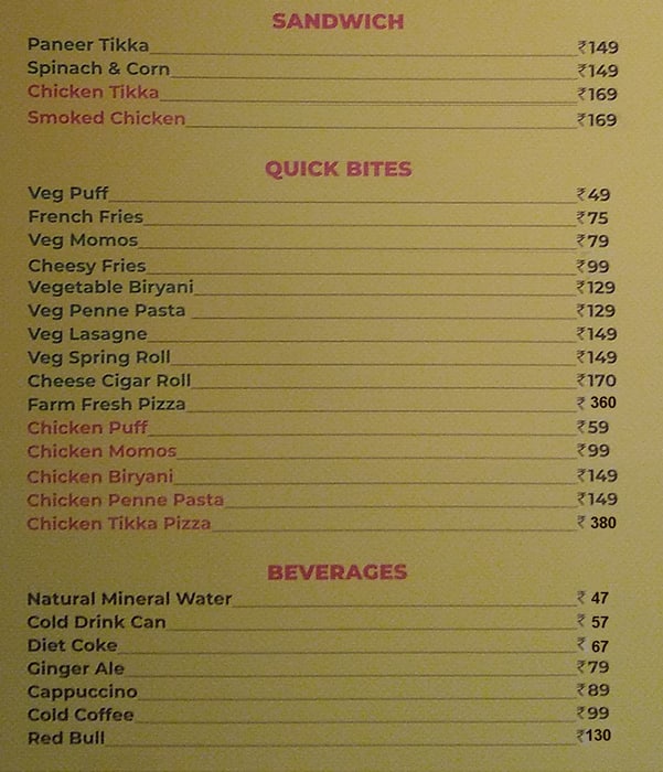 Menu of The ATM Bar - Pyramid, TDI City, Mohali