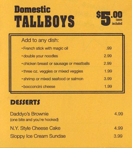Daddyo's menu