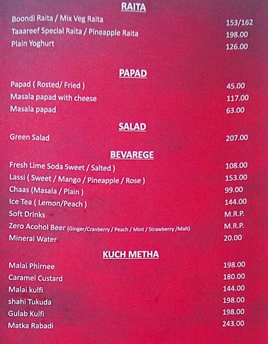 Taaareef Restaurant menu