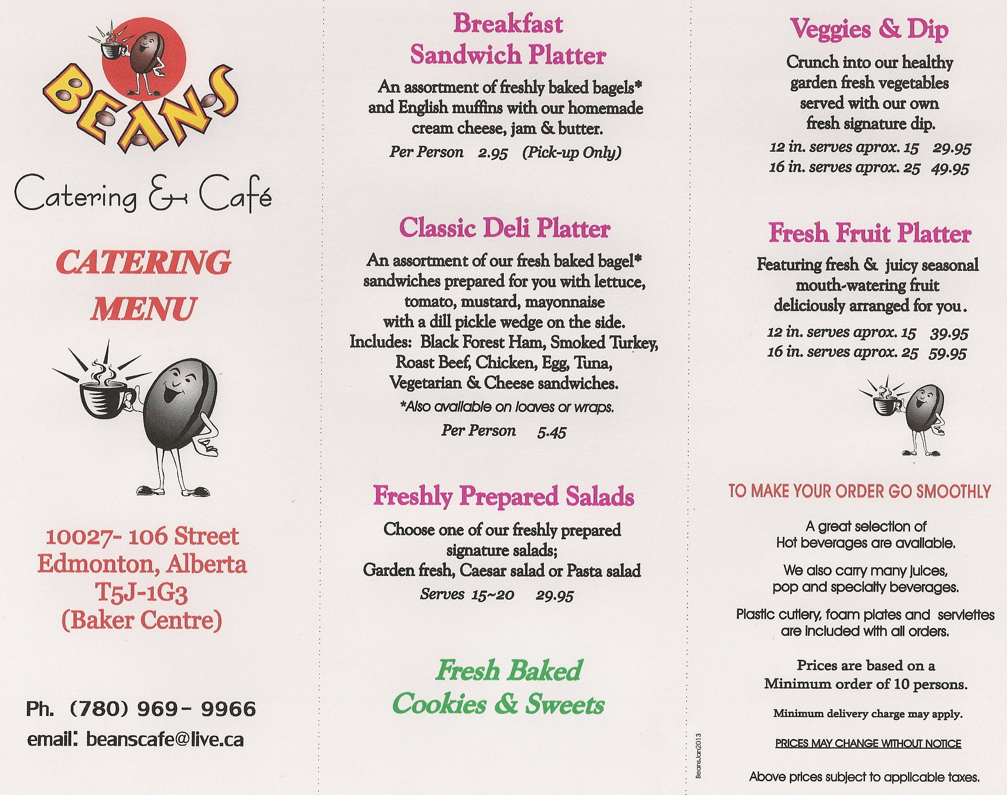 Beans Catering and Cafe Menu, Menu for Beans Catering and