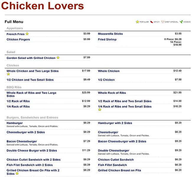 Menu At Chicken Lovers Bbq New York City 215 09 Northern Blvd