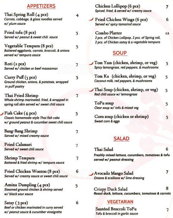 Amina Thai Menu, Menu for Amina Thai, Jamaica, New York City