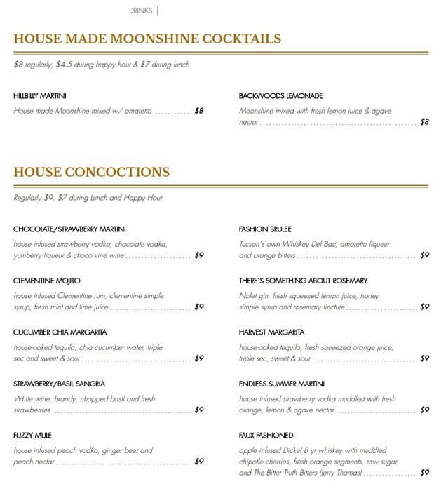 Menu at Harvest Restaurant, Oro Valley, N La Cañada Dr 141