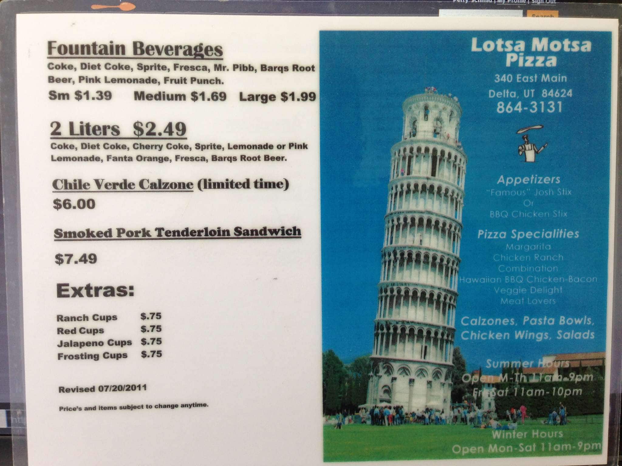 Menu at Gordo's Pizza pizzeria, Delta