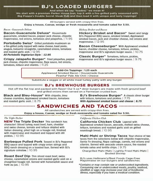 Menu at BJ's Restaurant & Brewhouse, Avon, Rockville Rd