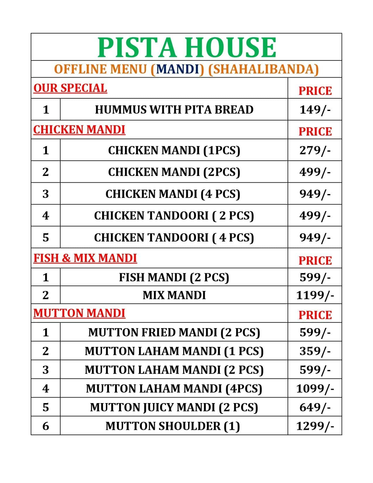 Menu of Pista House Arabian Mandi, Saroor Nagar, Hyderabad