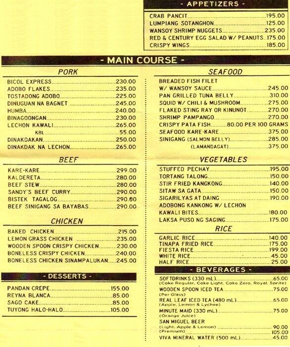 Wooden Spoon Menu, Menu for Wooden Spoon, Kapitolyo, Pasig City