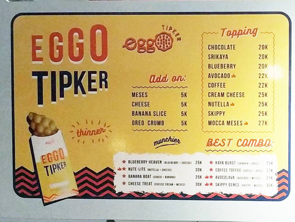 Menu at EggO Waffle fast food, Jakarta, Jl. Boulevard Bar. Raya