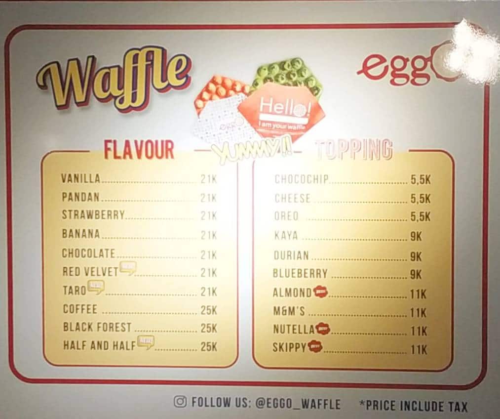Menu at EggO Waffle fast food, Jakarta, Jl. Boulevard Bar. Raya