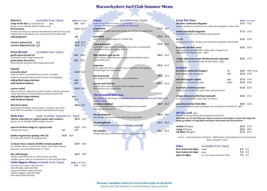 Maroochy Surf Club Menu, Menu for Maroochy Surf Club, Maroochydore