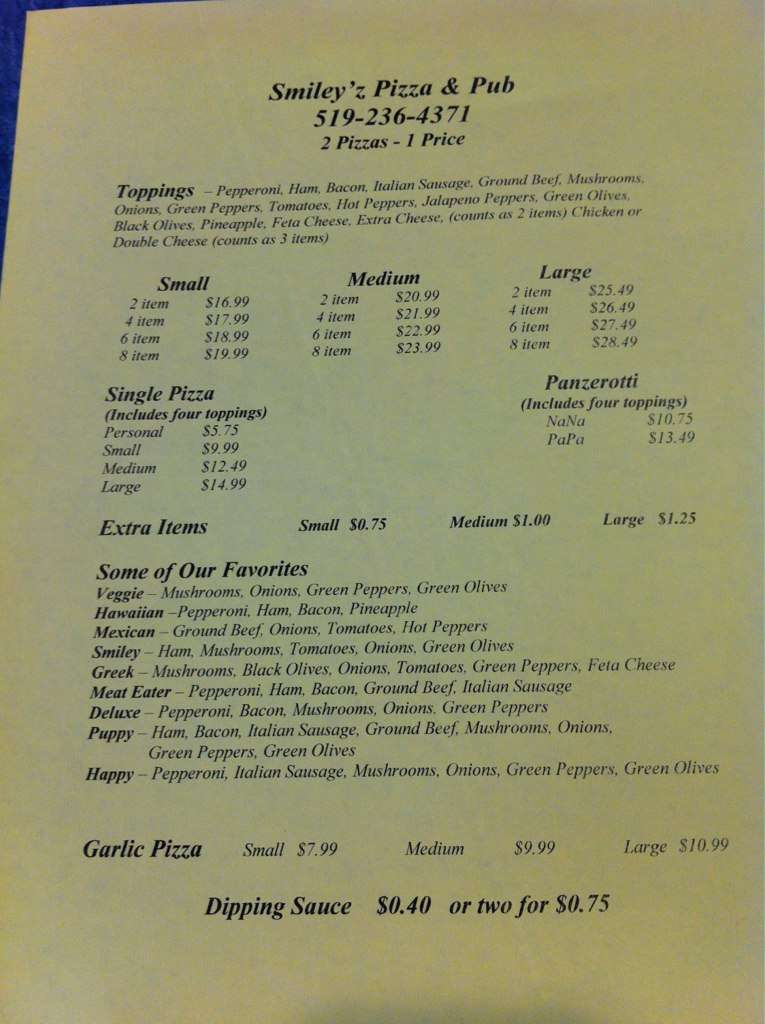 Smiley'z menu